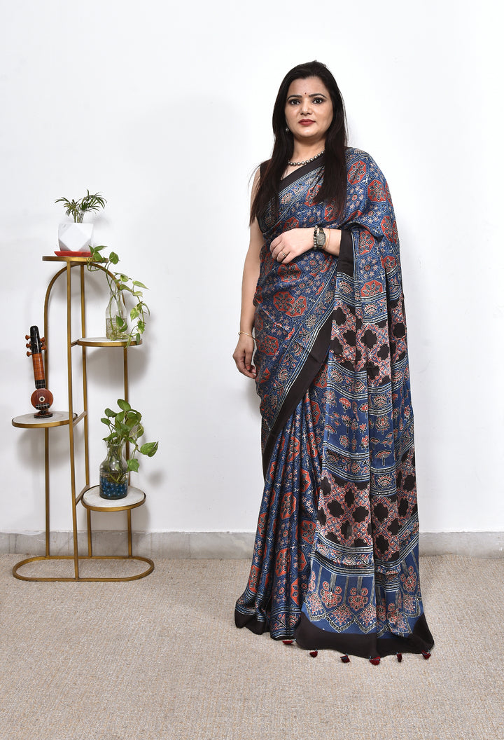 KEVA : AJRAKH HANDBLOCK MODAL SILK SAREE