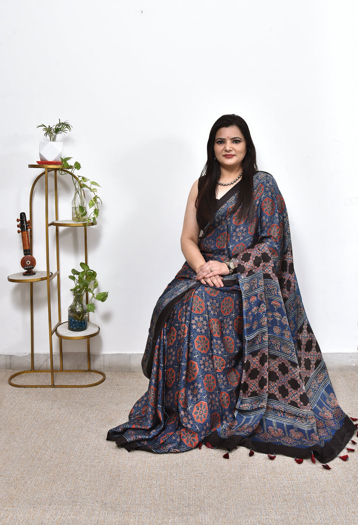 KEVA : AJRAKH HANDBLOCK MODAL SILK SAREE