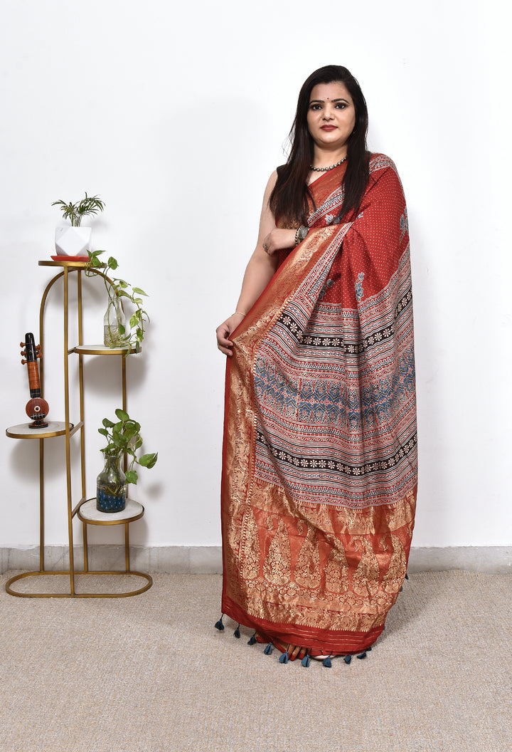 NUMALI : AJRAKH DOLA SILK SAREE WITH NAKSHI ZARI PALLU