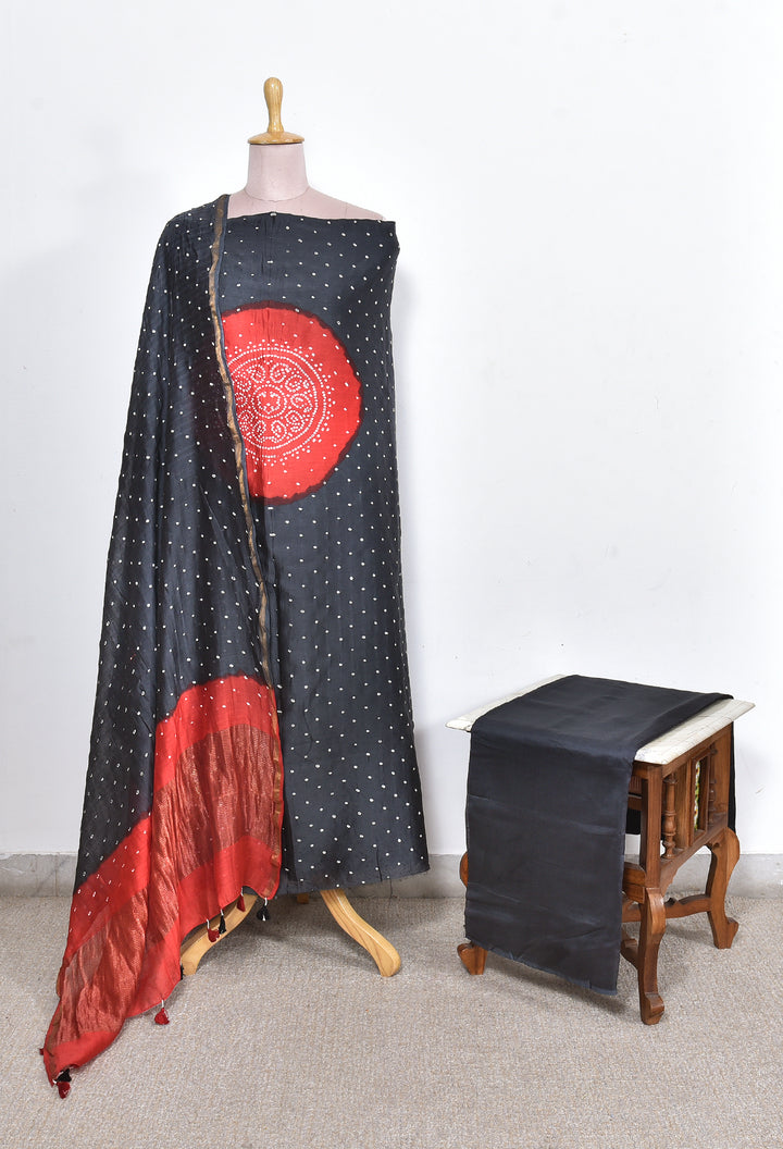 BLOSSOM  : HANDMADE BANDHANI CHANDERI SILK -COTTON 3 PIECE SUIT SET