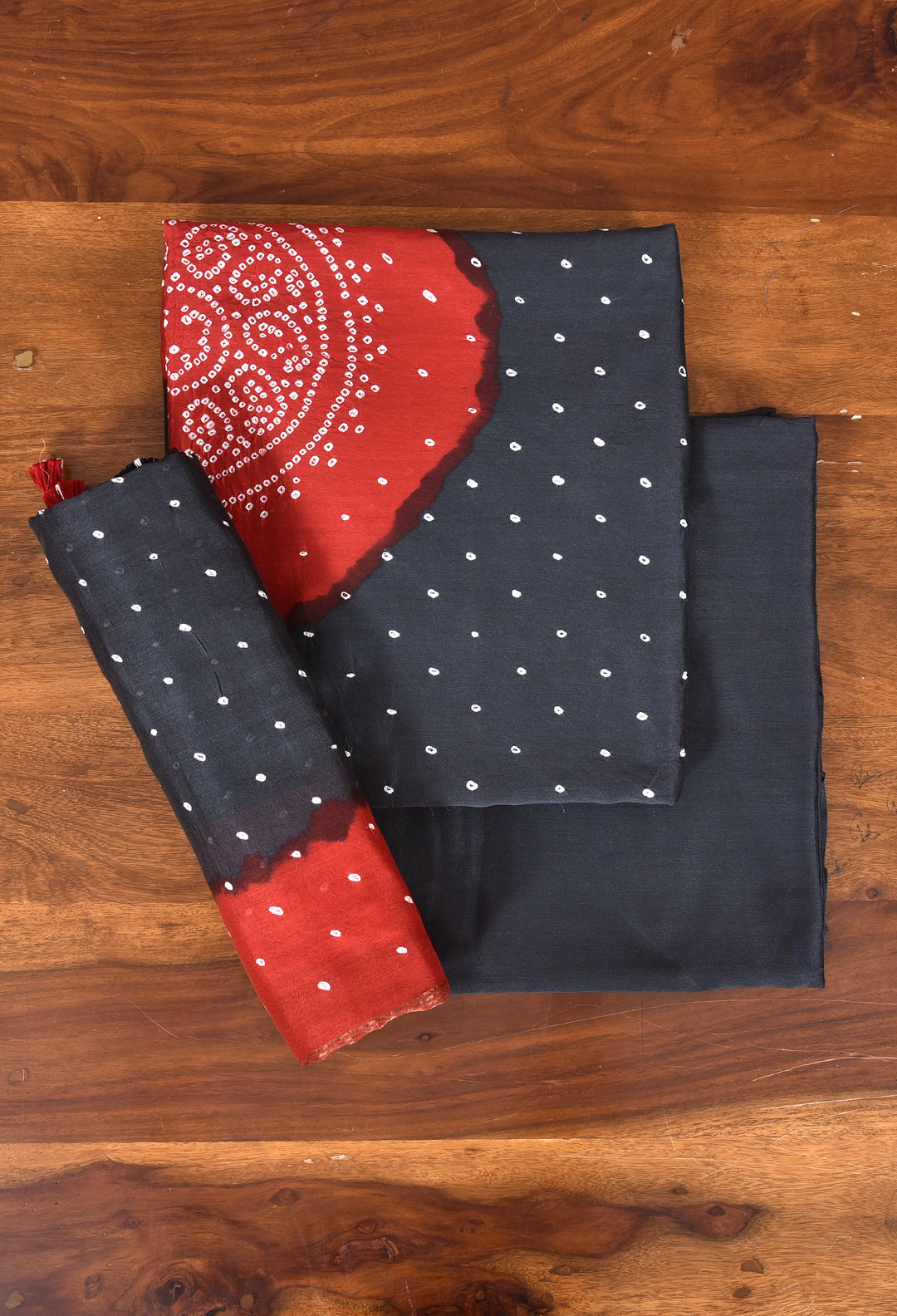 BLOSSOM  : HANDMADE BANDHANI CHANDERI SILK -COTTON 3 PIECE SUIT SET