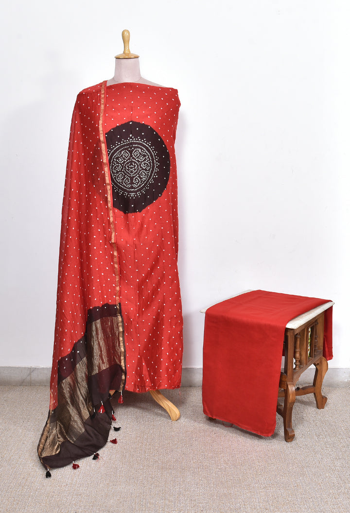 PARISHA : HANDMADE BANDHANI CHANDERI SILK -COTTON 3 PIECE SUIT SET