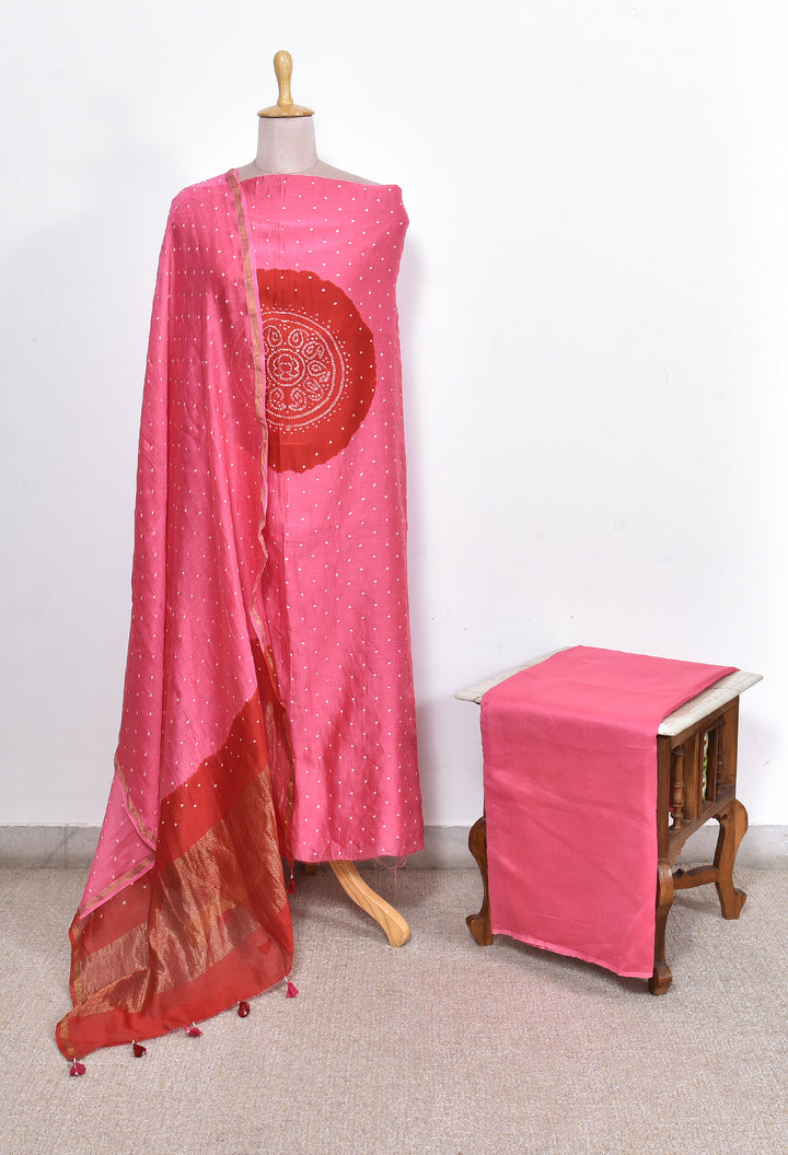 AABROO : HANDMADE BANDHANI CHANDERI SILK -COTTON 3 PIECE SUIT SET