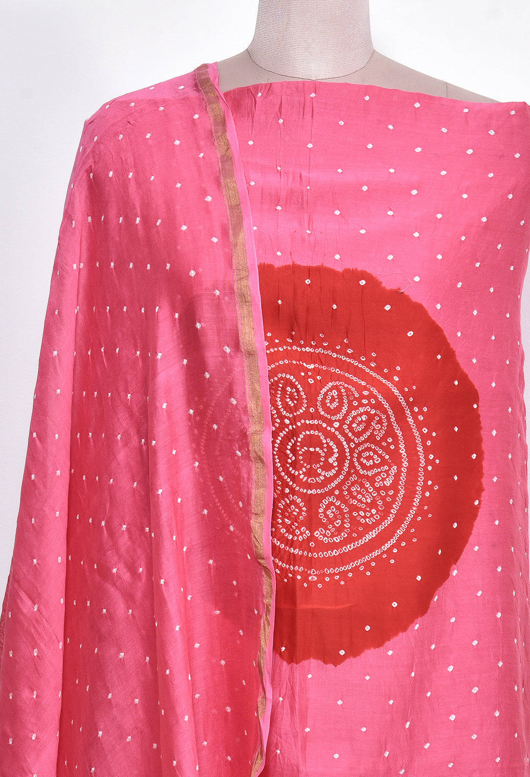 AABROO : HANDMADE BANDHANI CHANDERI SILK -COTTON 3 PIECE SUIT SET