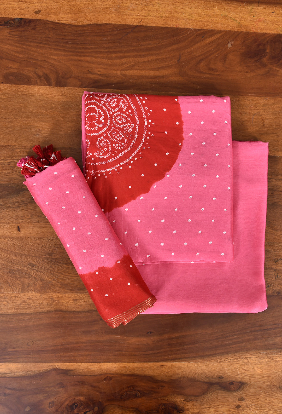 AABROO : HANDMADE BANDHANI CHANDERI SILK -COTTON 3 PIECE SUIT SET