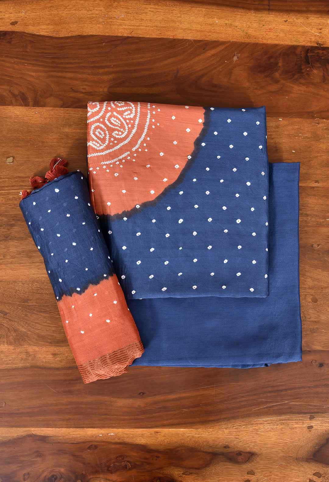 SHRIJA : HANDMADE BANDHANI CHANDERI SILK -COTTON 3 PIECE SUIT SET
