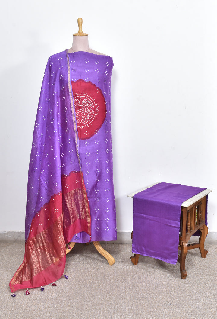 REESHA : HANDMADE BANDHANI CHANDERI SILK -COTTON 3 PIECE SUIT SET