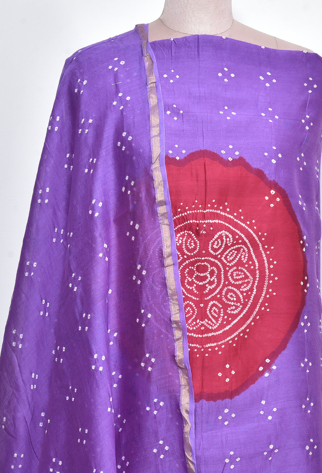 REESHA : HANDMADE BANDHANI CHANDERI SILK -COTTON 3 PIECE SUIT SET