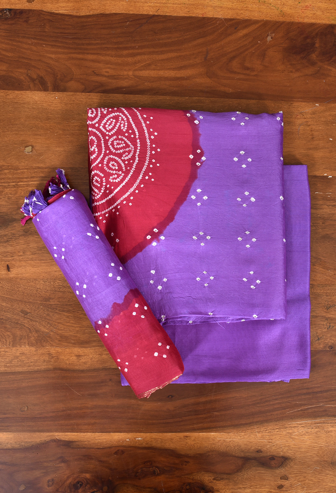 REESHA : HANDMADE BANDHANI CHANDERI SILK -COTTON 3 PIECE SUIT SET