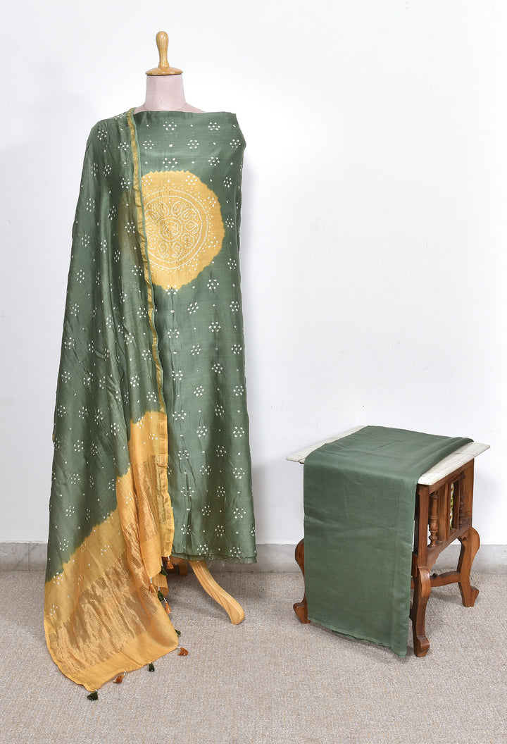 ANSII : HANDMADE BANDHANI CHANDERI SILK -COTTON 3 PIECE SUIT SET