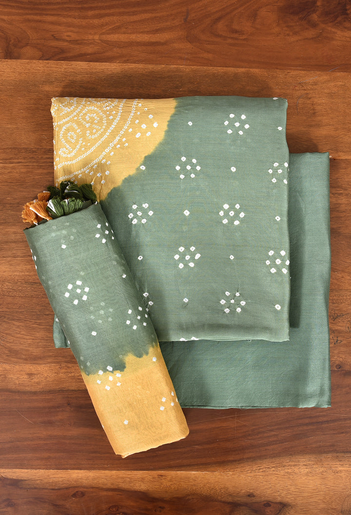 ANSII : HANDMADE BANDHANI CHANDERI SILK -COTTON 3 PIECE SUIT SET