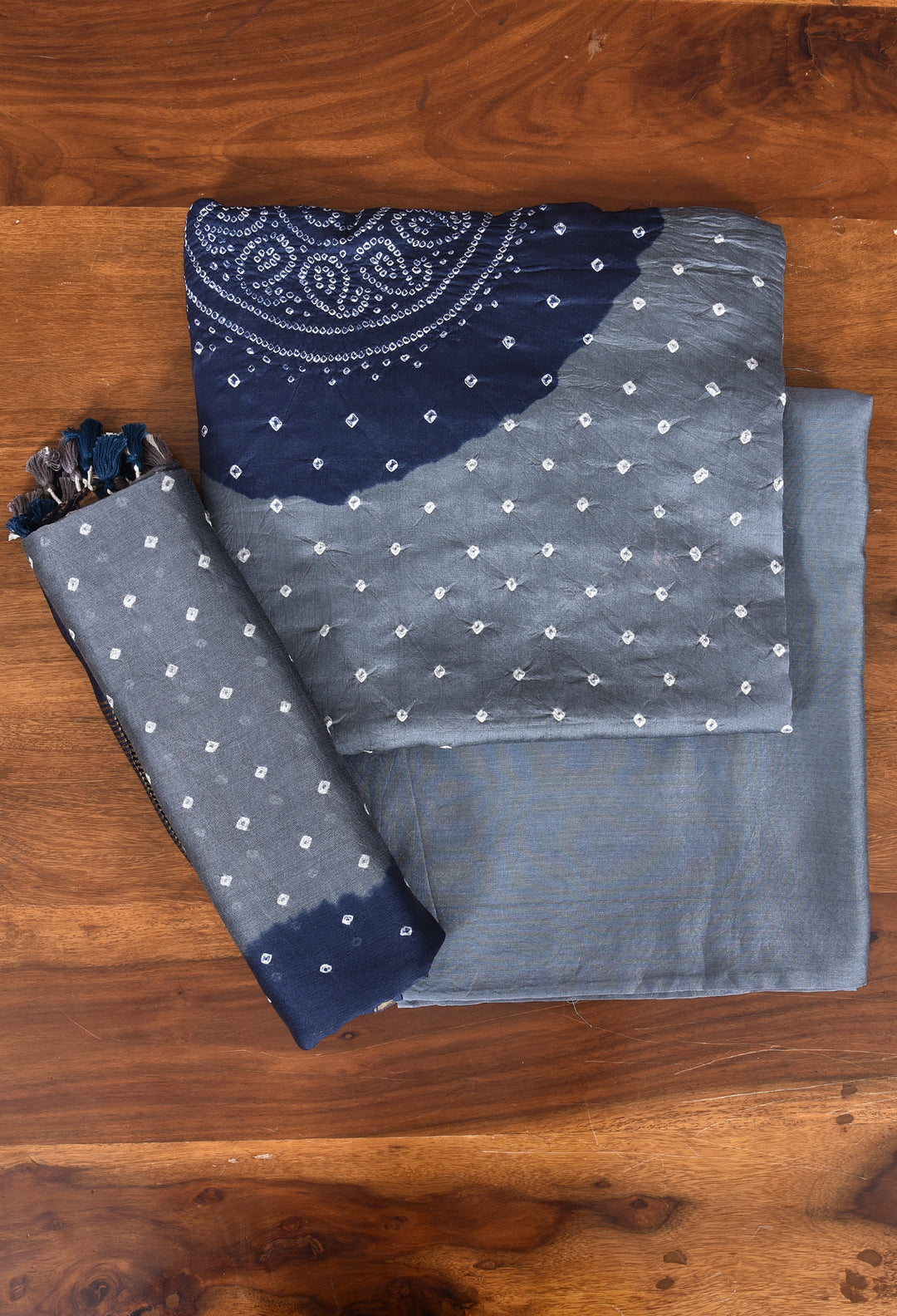 MAULI : HANDMADE BANDHANI CHANDERI SILK -COTTON 3 PIECE SUIT SET