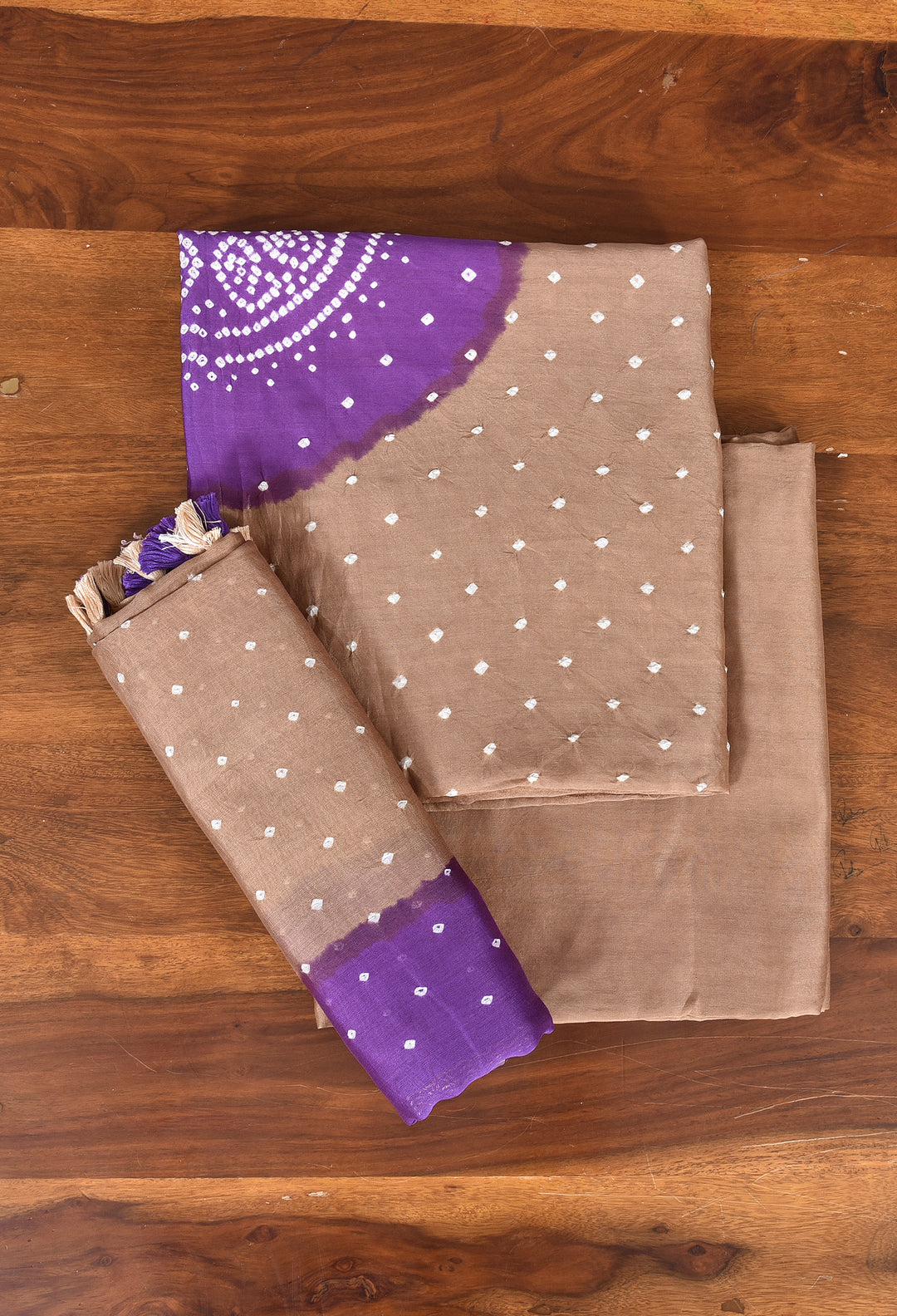 NAYANIKA : HANDMADE BANDHANI CHANDERI SILK -COTTON 3 PIECE SUIT SET