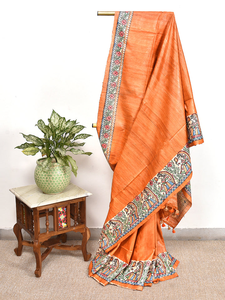 NOURA : MADHUBANI HAND PAINTED PURE GHICHA TUSSAR SILK SAREE