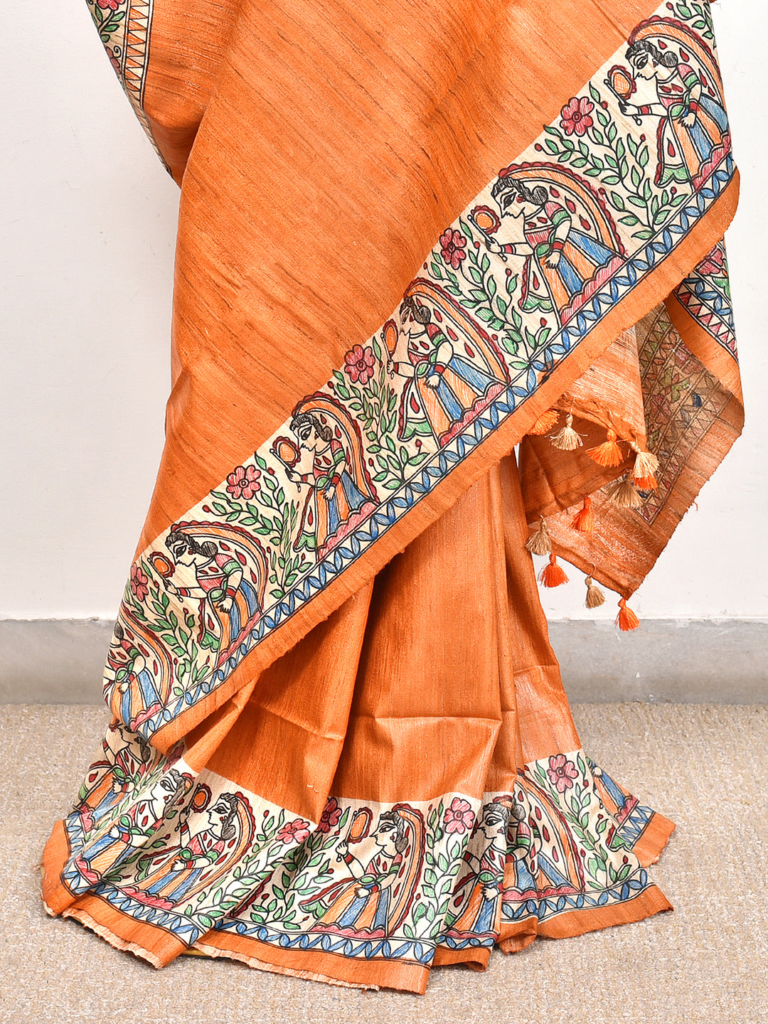 NOURA : MADHUBANI HAND PAINTED PURE GHICHA TUSSAR SILK SAREE