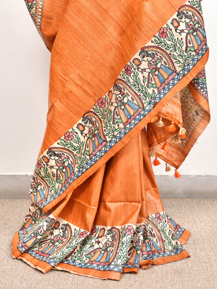 NOURA : MADHUBANI HAND PAINTED PURE GHICHA TUSSAR SILK SAREE
