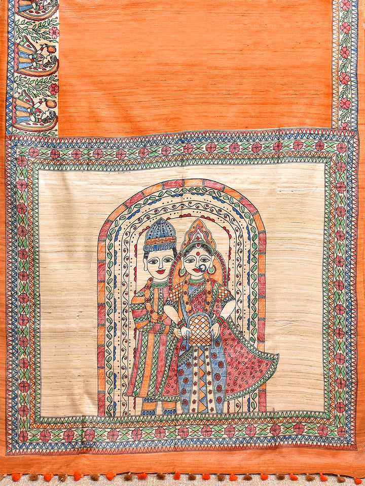 NOURA : MADHUBANI HAND PAINTED PURE GHICHA TUSSAR SILK SAREE