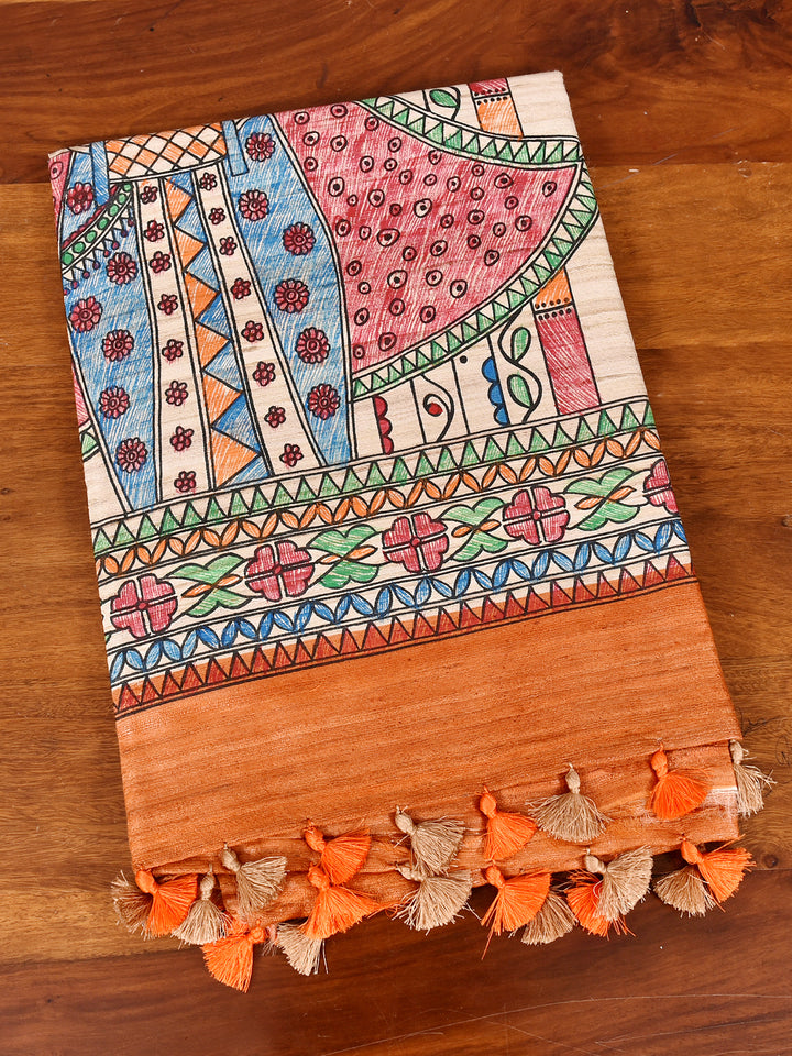 NOURA : MADHUBANI HAND PAINTED PURE GHICHA TUSSAR SILK SAREE