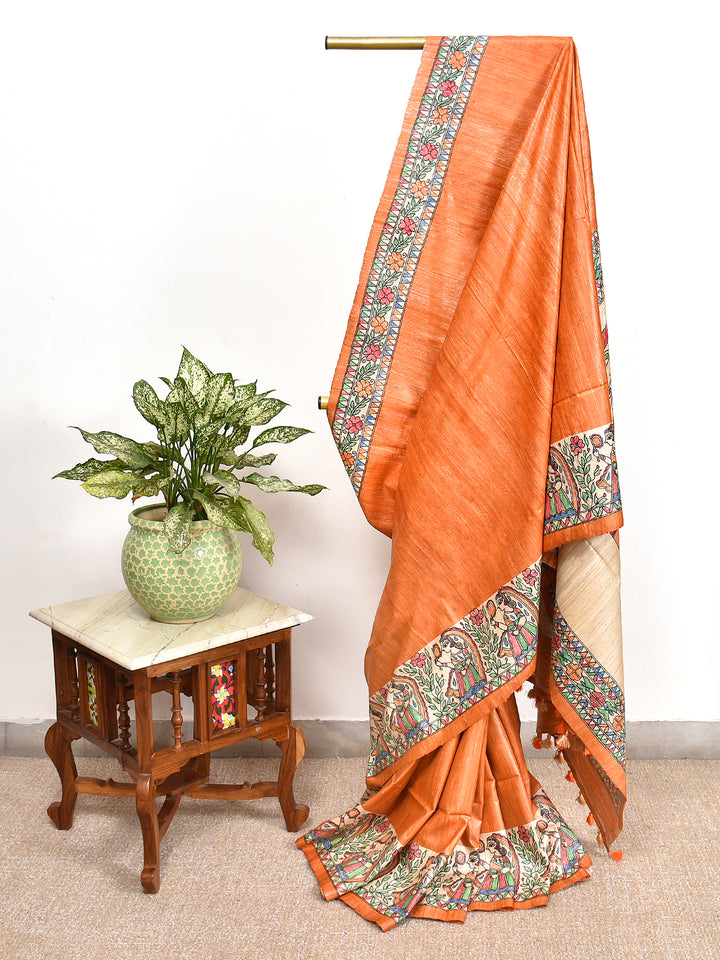 INDRANI : MADHUBANI HAND PAINTED PURE GHICHA TUSSAR SILK SAREE