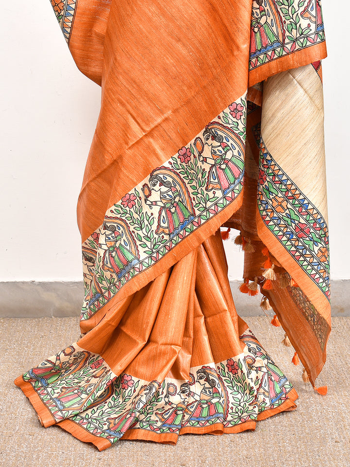 INDRANI : MADHUBANI HAND PAINTED PURE GHICHA TUSSAR SILK SAREE