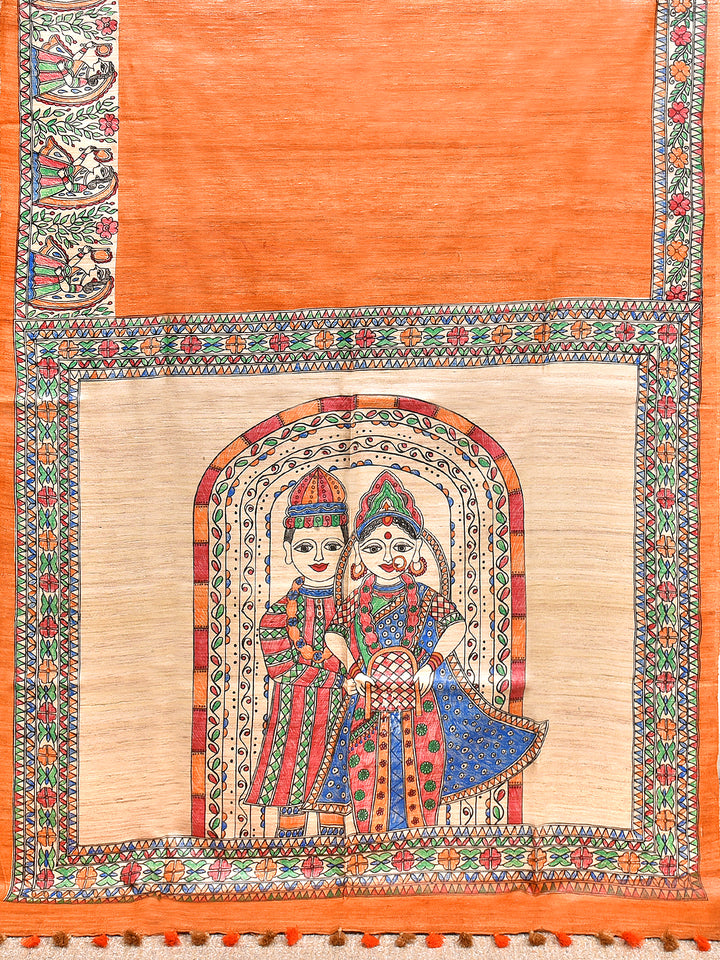 INDRANI : MADHUBANI HAND PAINTED PURE GHICHA TUSSAR SILK SAREE