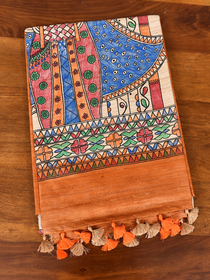 INDRANI : MADHUBANI HAND PAINTED PURE GHICHA TUSSAR SILK SAREE
