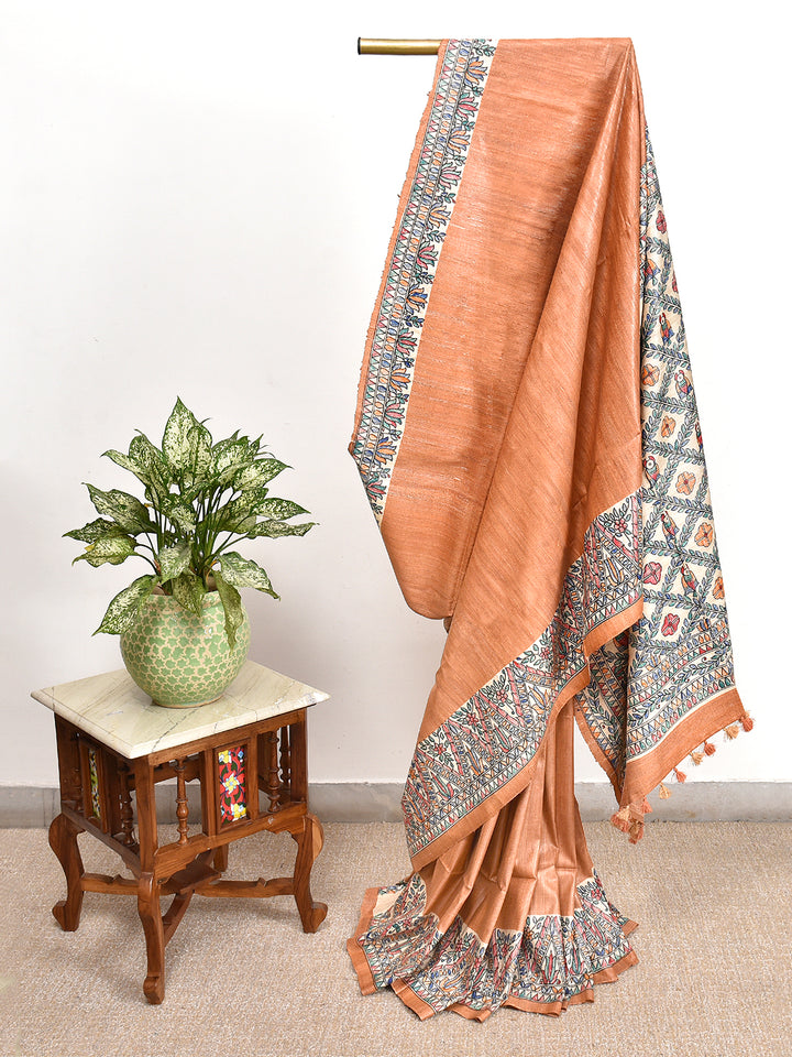 SHYAMAK  : MADHUBANI HAND PAINTED PURE GHICHA TUSSAR SILK SAREE