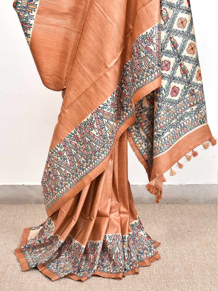 SHYAMAK  : MADHUBANI HAND PAINTED PURE GHICHA TUSSAR SILK SAREE