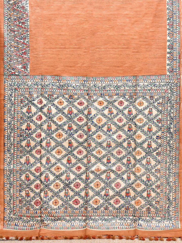 SHYAMAK  : MADHUBANI HAND PAINTED PURE GHICHA TUSSAR SILK SAREE