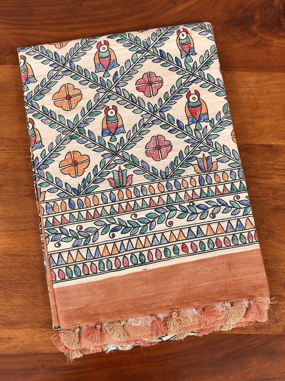 SHYAMAK  : MADHUBANI HAND PAINTED PURE GHICHA TUSSAR SILK SAREE