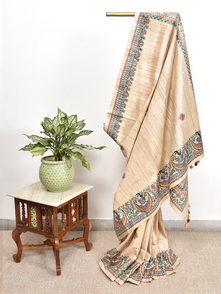 PAUSHALI : MADHUBANI HAND PAINTED PURE GHICHA TUSSAR SILK SAREE
