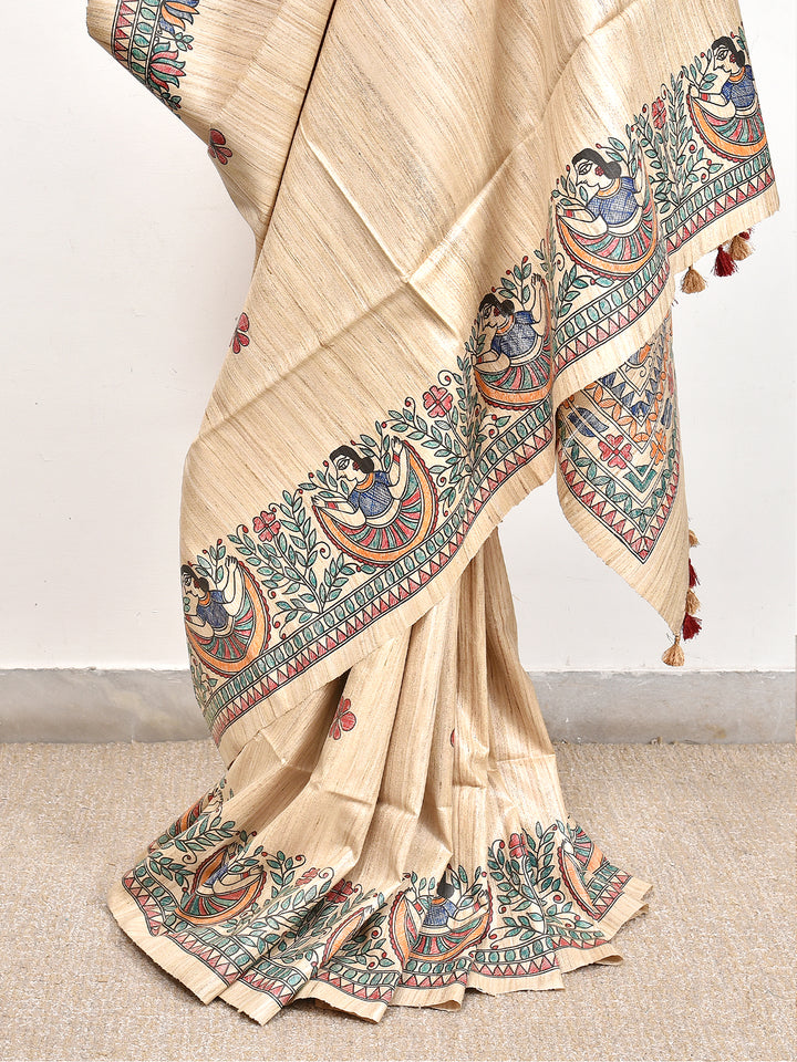 PAUSHALI : MADHUBANI HAND PAINTED PURE GHICHA TUSSAR SILK SAREE