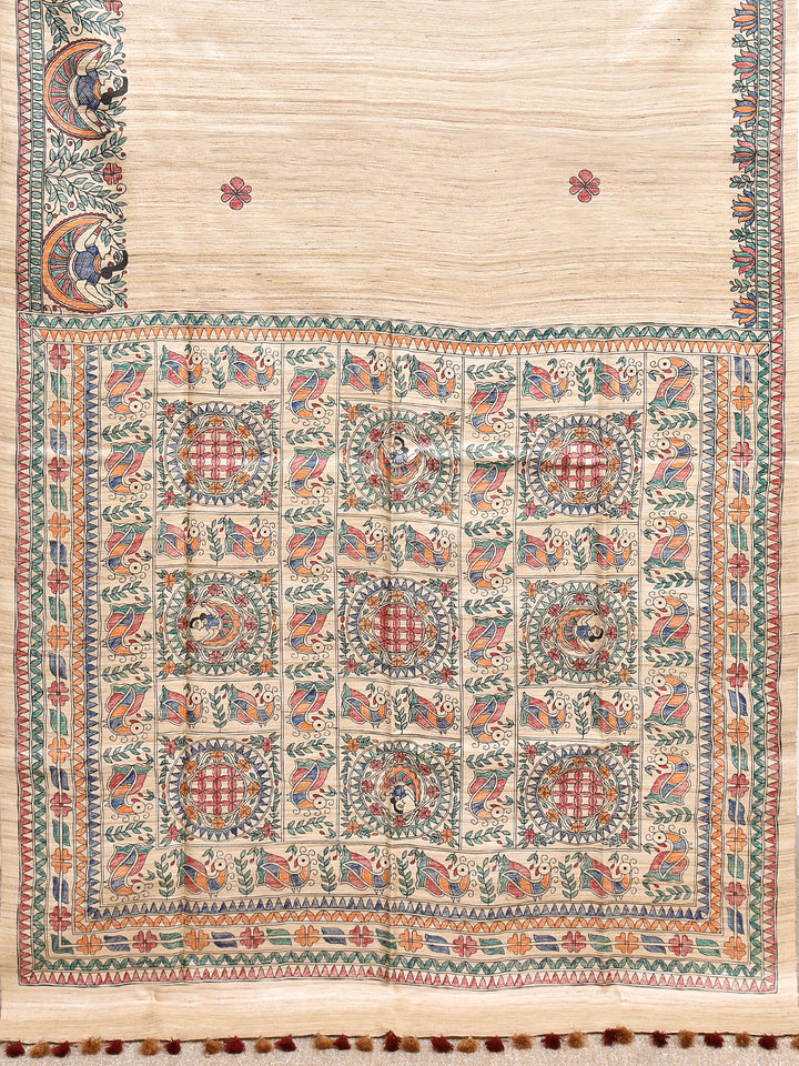PAUSHALI : MADHUBANI HAND PAINTED PURE GHICHA TUSSAR SILK SAREE