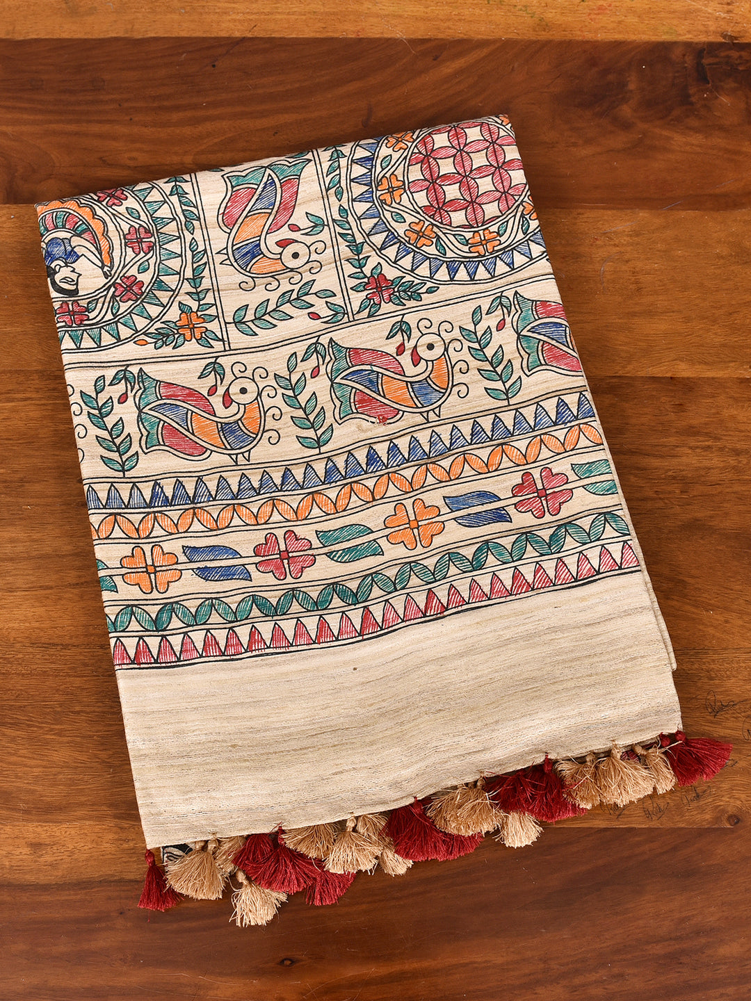 PAUSHALI : MADHUBANI HAND PAINTED PURE GHICHA TUSSAR SILK SAREE