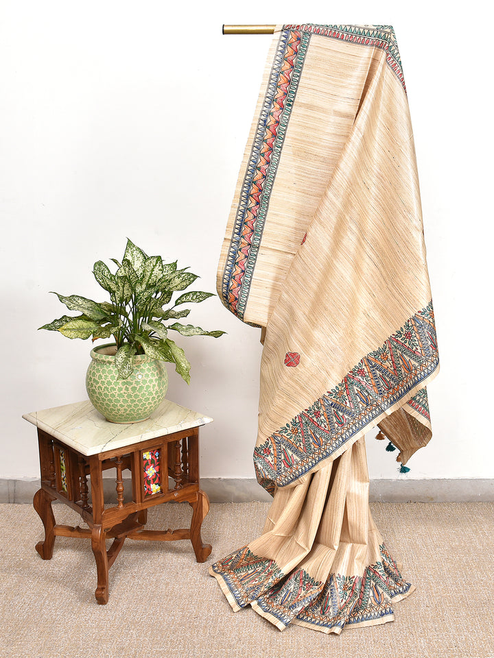 VARALIKA : MADHUBANI HAND PAINTED PURE GHICHA TUSSAR SILK SAREE