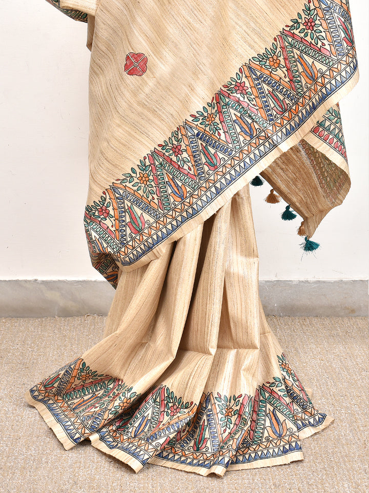 VARALIKA : MADHUBANI HAND PAINTED PURE GHICHA TUSSAR SILK SAREE