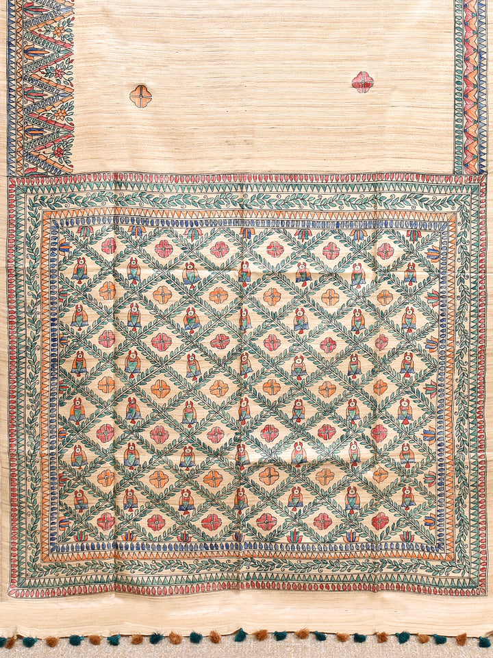 VARALIKA : MADHUBANI HAND PAINTED PURE GHICHA TUSSAR SILK SAREE