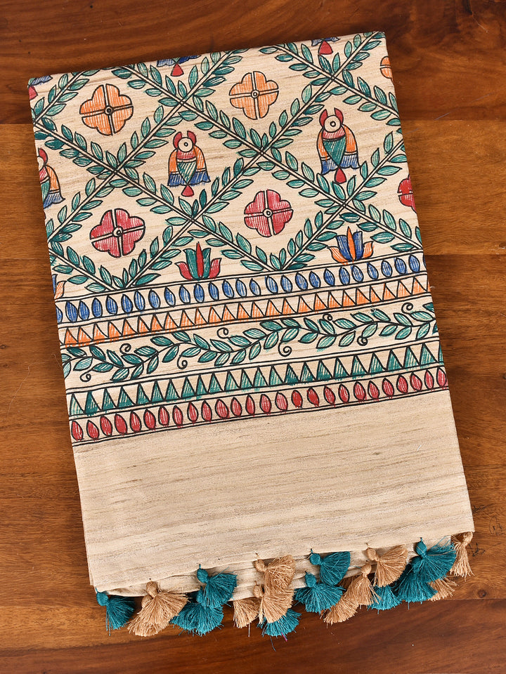 VARALIKA : MADHUBANI HAND PAINTED PURE GHICHA TUSSAR SILK SAREE