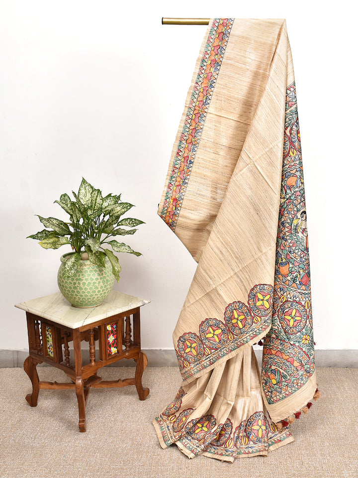 SIJI : MADHUBANI HAND PAINTED PURE GHICHA TUSSAR SILK SAREE