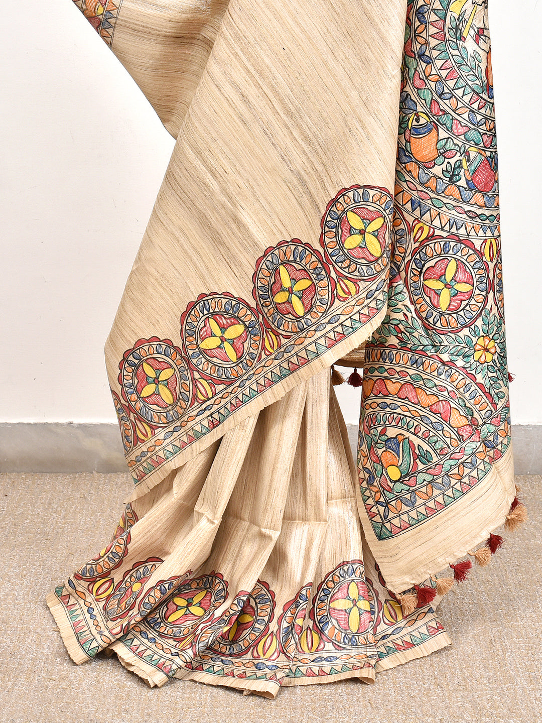 SIJI : MADHUBANI HAND PAINTED PURE GHICHA TUSSAR SILK SAREE