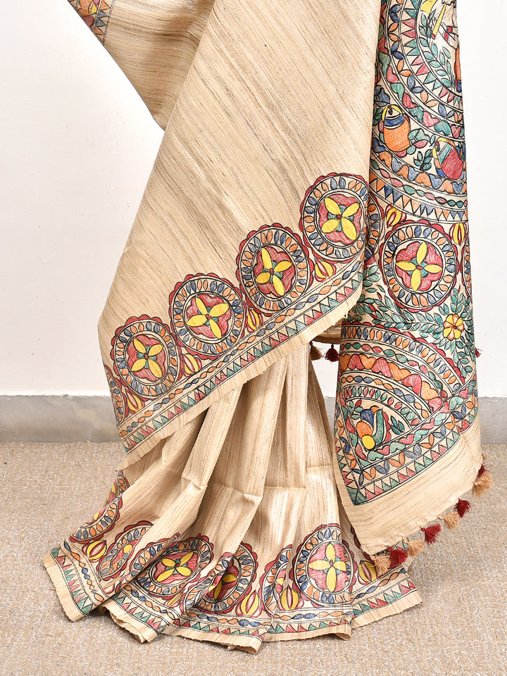 SIJI : MADHUBANI HAND PAINTED PURE GHICHA TUSSAR SILK SAREE
