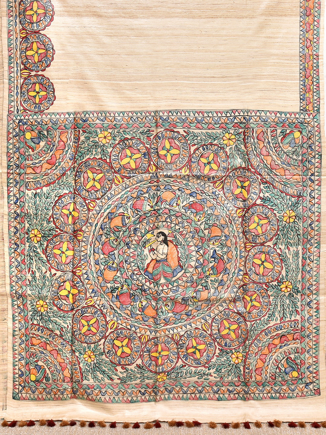 SIJI : MADHUBANI HAND PAINTED PURE GHICHA TUSSAR SILK SAREE