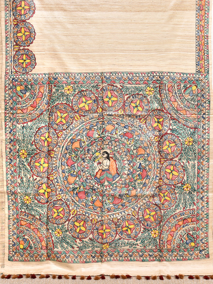 SIJI : MADHUBANI HAND PAINTED PURE GHICHA TUSSAR SILK SAREE