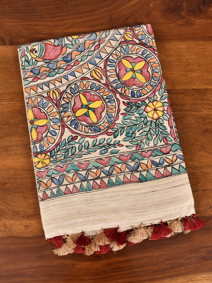 SIJI : MADHUBANI HAND PAINTED PURE GHICHA TUSSAR SILK SAREE
