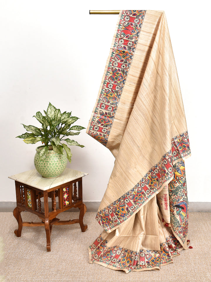 DUSHALA : MADHUBANI HAND PAINTED PURE GHICHA TUSSAR SILK SAREE