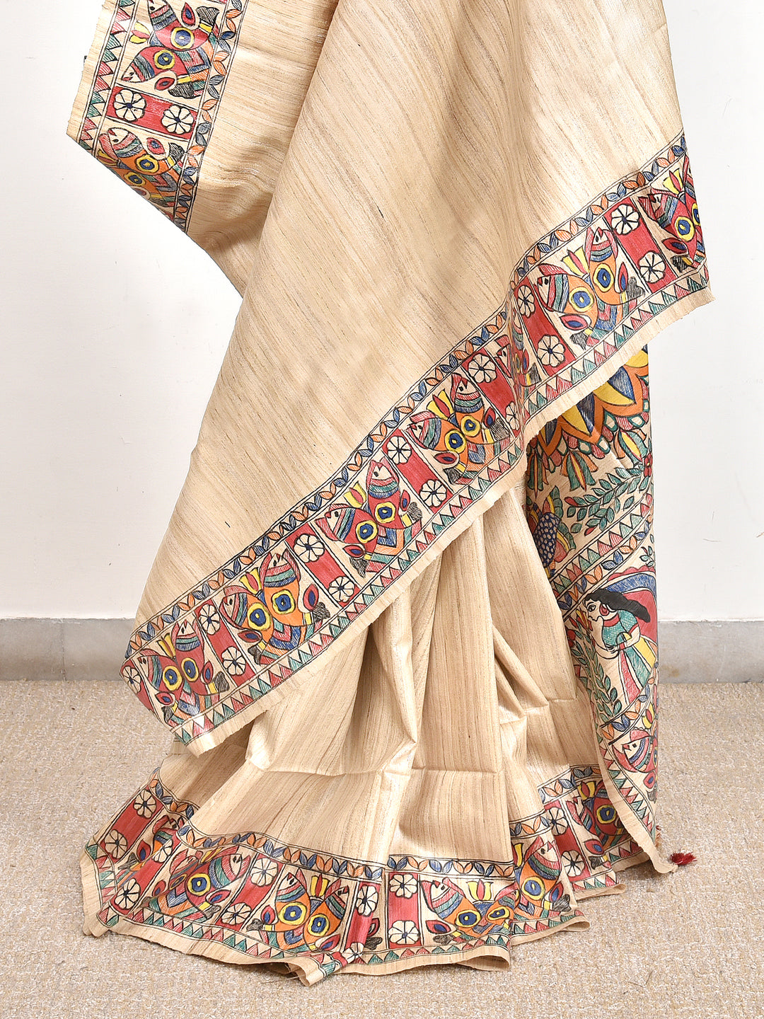 DUSHALA : MADHUBANI HAND PAINTED PURE GHICHA TUSSAR SILK SAREE