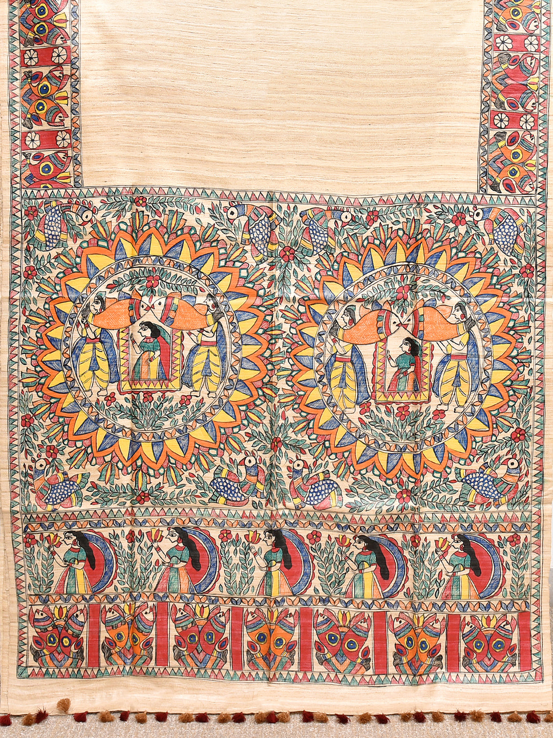 DUSHALA : MADHUBANI HAND PAINTED PURE GHICHA TUSSAR SILK SAREE