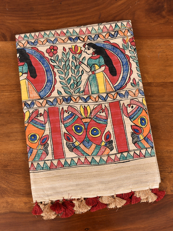 DUSHALA : MADHUBANI HAND PAINTED PURE GHICHA TUSSAR SILK SAREE