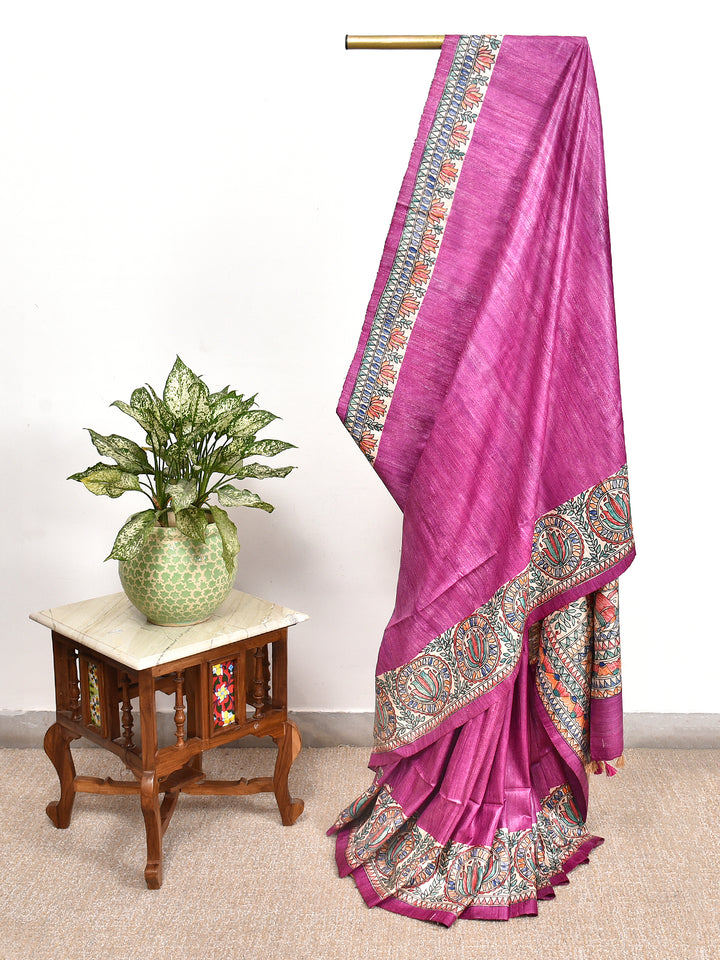 KIMANI : MADHUBANI HAND PAINTED PURE GHICHA TUSSAR SILK SAREE