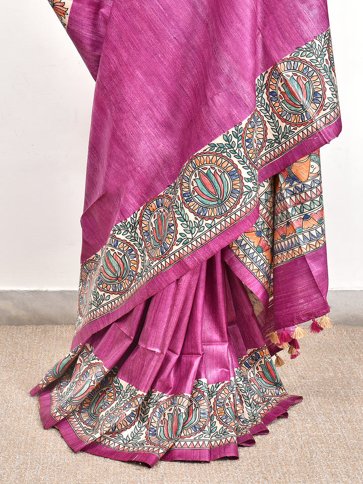 KIMANI : MADHUBANI HAND PAINTED PURE GHICHA TUSSAR SILK SAREE